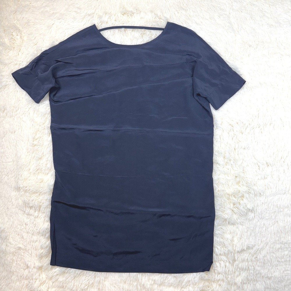 SABA Silk Tunic Womens 8 Navy Blue Short Sleeve Back Strap Detail